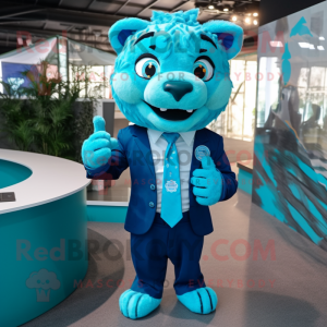 Turquoise Tiger mascot costume character dressed with a Suit and Cufflinks