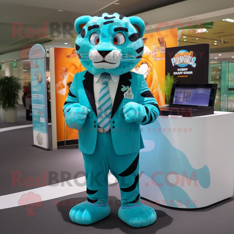 Turquoise Tiger mascot costume character dressed with a Suit and Cufflinks