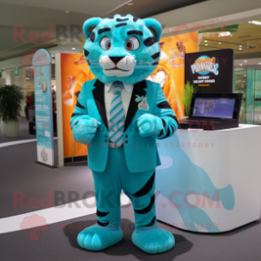 Turquoise Tiger mascot costume character dressed with a Suit and Cufflinks