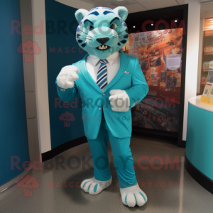 Turquoise Tiger mascot costume character dressed with a Suit and Cufflinks