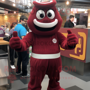 Maroon Steak mascot costume character dressed with a Jumpsuit and Bracelets