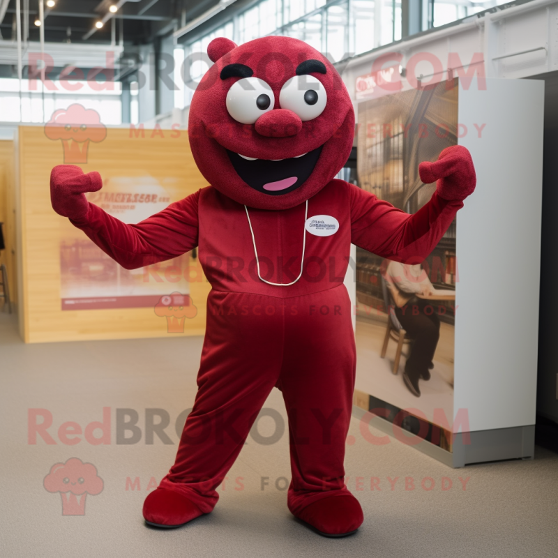 Maroon Steak mascot costume character dressed with a Jumpsuit and Bracelets Maroon Steak mascot costume character dressed with a Jumpsuit and Bracelets