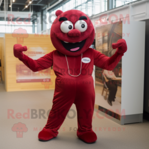 Maroon Steak mascot costume character dressed with a Jumpsuit and Bracelets