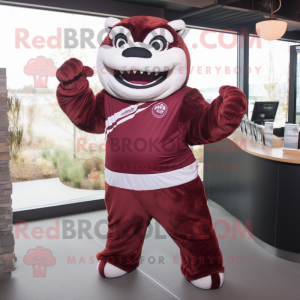 Maroon Steak mascot costume character dressed with a Jumpsuit and Bracelets