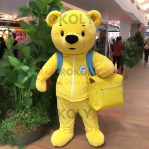 Lemon Yellow Bear mascot costume character dressed with a Jumpsuit and Tote bags