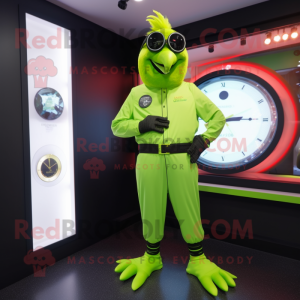 Lime Green Crow mascot costume character dressed with a Jumpsuit and Digital watches