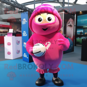 Pink Rugby Ball mascot costume character dressed with a Cover-up and Beanies