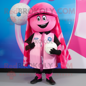 Pink Rugby Ball mascot costume character dressed with a Cover-up and Beanies