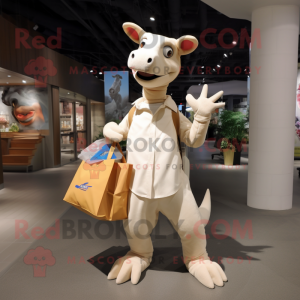 Cream Parasaurolophus mascot costume character dressed with a Button-Up Shirt and Tote bags