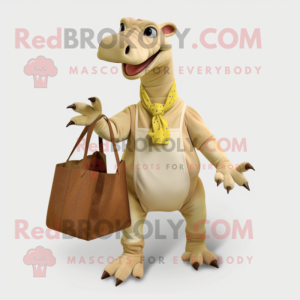 Cream Parasaurolophus mascot costume character dressed with a Button-Up Shirt and Tote bags