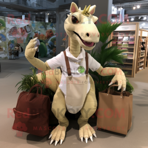 Cream Parasaurolophus mascot costume character dressed with a Button-Up Shirt and Tote bags