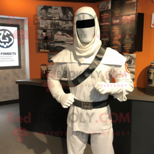 White Gi Joe mascot costume character dressed with a Henley Tee and Shawls