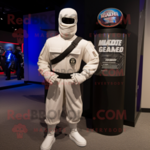 White Gi Joe mascot costume character dressed with a Henley Tee and Shawls