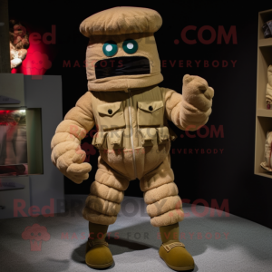 Tan Grenade mascot costume character dressed with a Corduroy Pants and Mittens