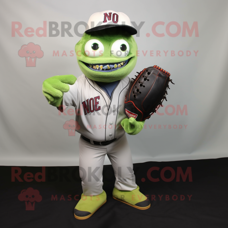 Olive Zombie mascot costume character dressed with a Baseball Tee and Messenger bags Olive Zombie mascot costume character dressed with a Baseball Tee and Messenger bags