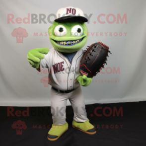 Olive Zombie mascot costume character dressed with a Baseball Tee and Messenger bags