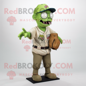 Olive Zombie mascot costume character dressed with a Baseball Tee and Messenger bags