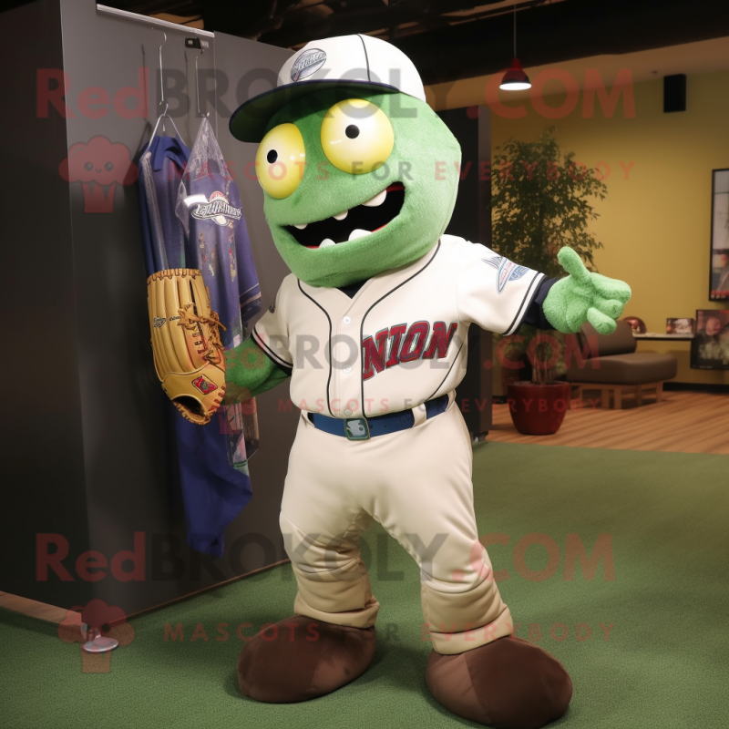 Olive Zombie mascot costume character dressed with a Baseball Tee and Messenger bags Olive Zombie mascot costume character dressed with a Baseball Tee and Messenger bags