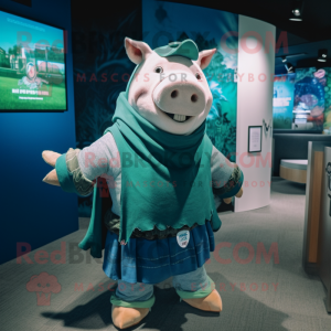 Teal Pig mascot costume character dressed with a Cardigan and Wraps