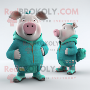 Teal Pig mascot costume character dressed with a Cardigan and Wraps