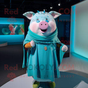 Teal Pig mascot costume character dressed with a Cardigan and Wraps
