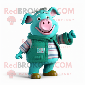 Teal Pig mascot costume character dressed with a Cardigan and Wraps