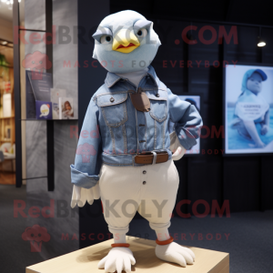 Cream Pigeon mascot costume character dressed with a Denim Shorts and Pocket squares