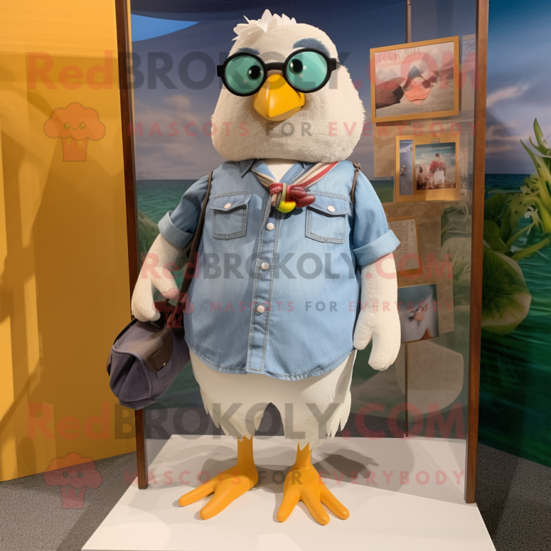 Cream Pigeon mascot costume character dressed with a Denim Shorts and Pocket squares