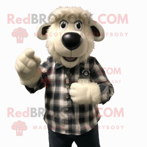White Suffolk Sheep mascot costume character dressed with a Flannel Shirt and Bracelet watches