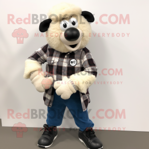 White Suffolk Sheep mascot costume character dressed with a Flannel Shirt and Bracelet watches