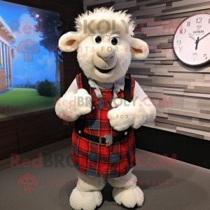 White Suffolk Sheep mascot costume character dressed with a Flannel Shirt and Bracelet watches