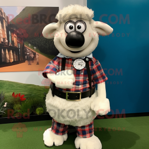 White Suffolk Sheep mascot costume character dressed with a Flannel Shirt and Bracelet watches