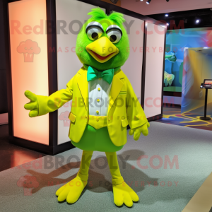 Lime Green Canary mascot costume character dressed with a Dress Pants and Bow ties