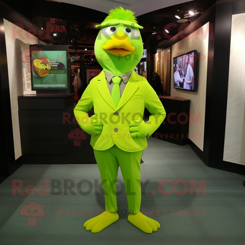 Lime Green Canary mascot costume character dressed with a Dress Pants and Bow ties Lime Green Canary mascot costume character dressed with a Dress Pants and Bow ties