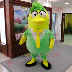 Lime Green Canary mascot costume character dressed with a Dress Pants and Bow ties