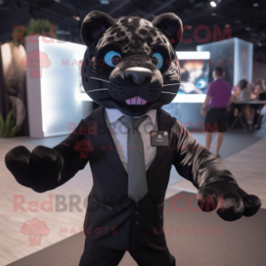 Black Leopard mascot costume character dressed with a Suit Jacket and Suspenders