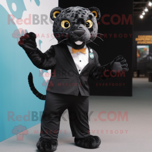 Black Leopard mascot costume character dressed with a Suit Jacket and Suspenders