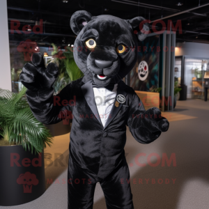 Black Leopard mascot costume character dressed with a Suit Jacket and Suspenders