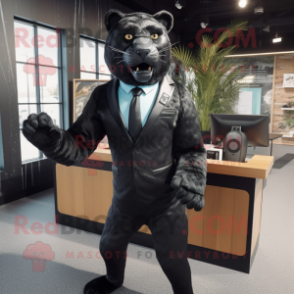 Black Leopard mascot costume character dressed with a Suit Jacket and Suspenders