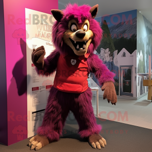 Magenta Werewolf mascot costume character dressed with a Culottes and Berets