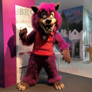 Magenta Werewolf mascot costume character dressed with a Culottes and Berets