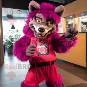 Magenta Werewolf mascot costume character dressed with a Culottes and Berets