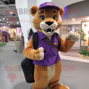 Purple Mountain Lion mascot costume character dressed with a Waistcoat and Messenger bags