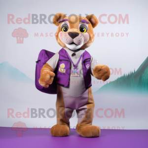 Purple Mountain Lion mascot costume character dressed with a Waistcoat and Messenger bags