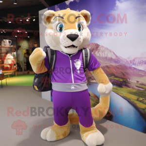 Purple Mountain Lion mascot costume character dressed with a Waistcoat and Messenger bags