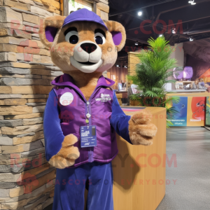 Purple Mountain Lion mascot costume character dressed with a Waistcoat and Messenger bags