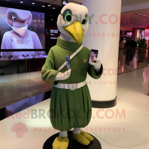 Olive Albatross mascot costume character dressed with a Empire Waist Dress and Smartwatches