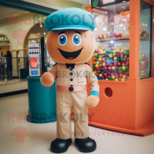 Tan Gumball Machine mascot costume character dressed with a Trousers and Berets