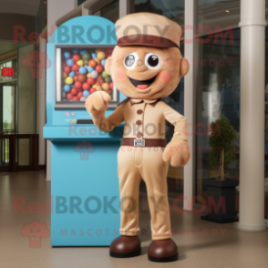 Tan Gumball Machine mascot costume character dressed with a Trousers and Berets