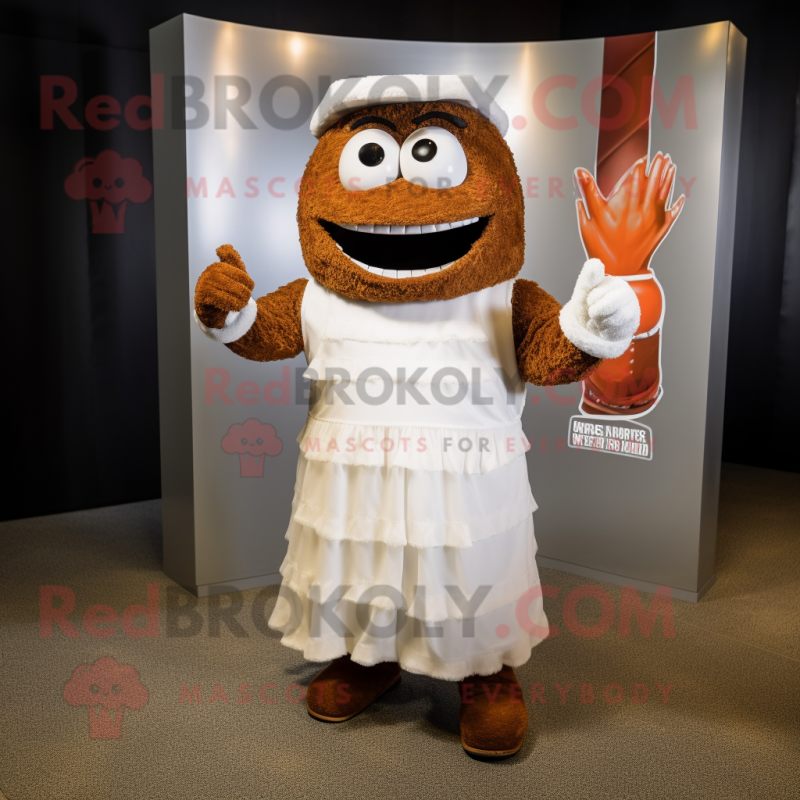 Rust Steak mascot costume character dressed with a Wedding Dress and Bracelets